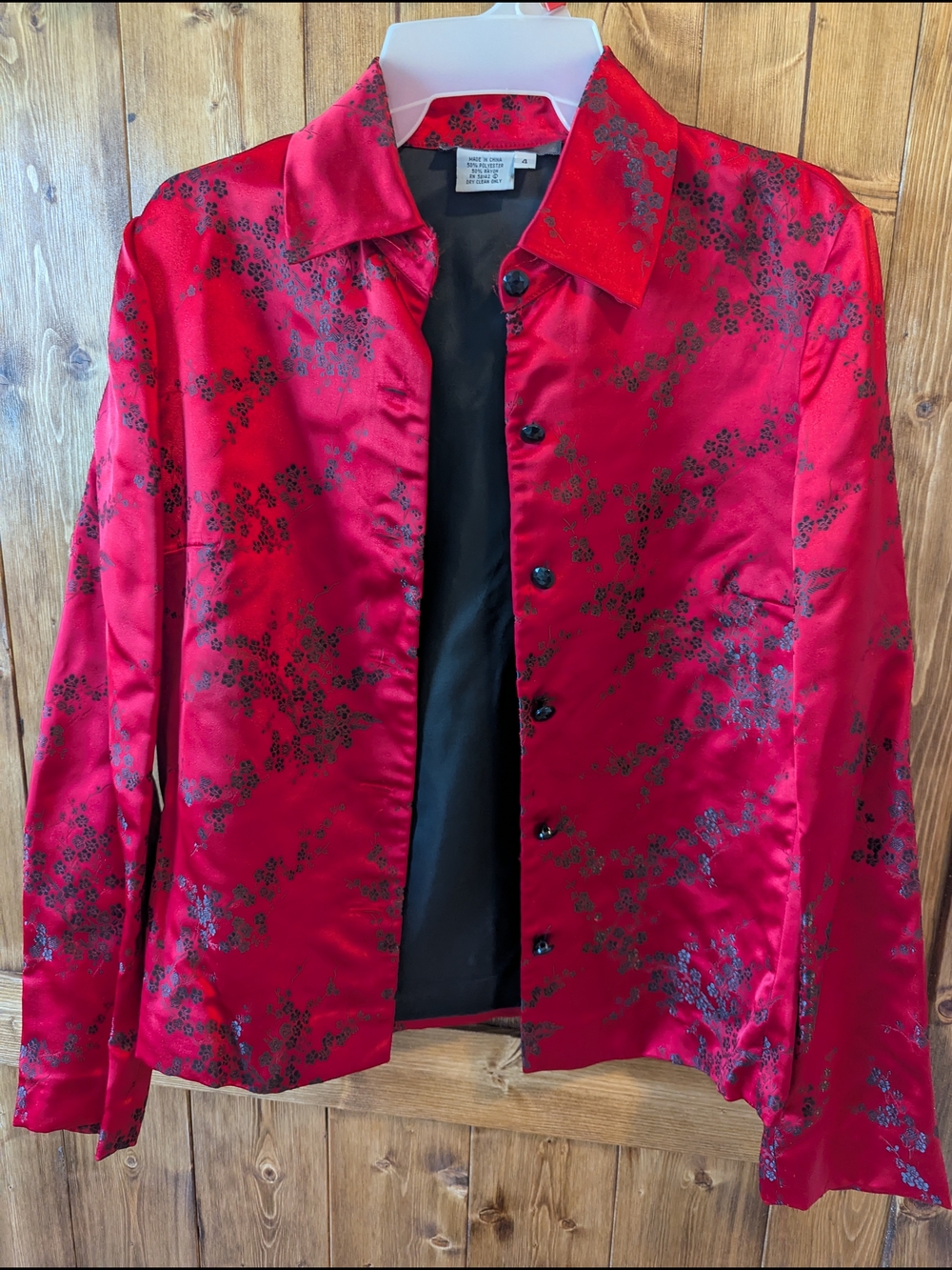 Women's Red Satin Floral Button-Front Blazer